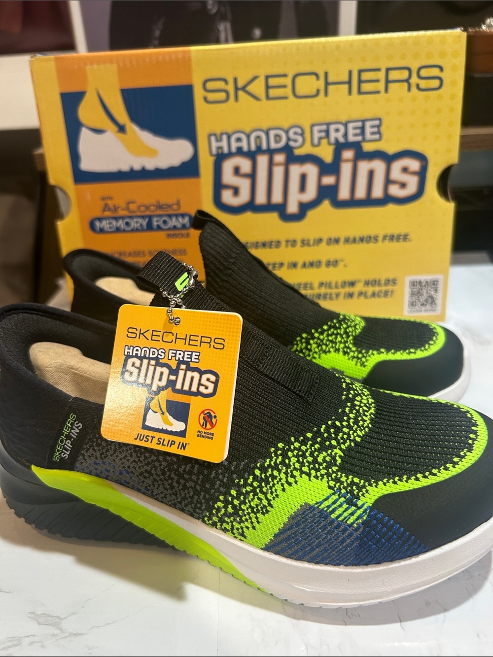 Skechers Kids Hands Free Slip-Ins Knit Sneakers - Black & Neon Green